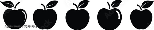 Set of five dark silhouette apples with stems and leaves organic fruit design elements vector