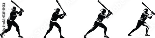 Four silhouette baseball batters in mid-swing action poses dynamic motion vector