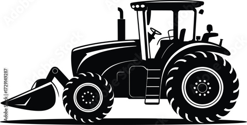 Black tractor with front loader farm equipment vehicle