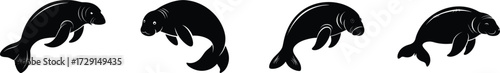 Four black manatee silhouettes swimming in different dynamic poses underwater vector