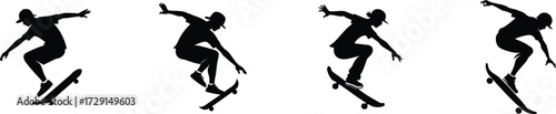Dynamic silhouette skateboarder mid-air jump action sports and recreation performance vector