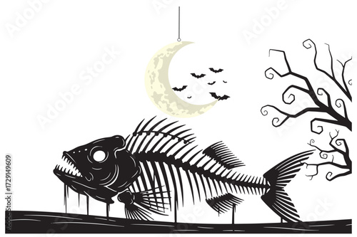 Halloween Vector art of spooky fish skeleton with bats and crescent moon on a dark, eerie night