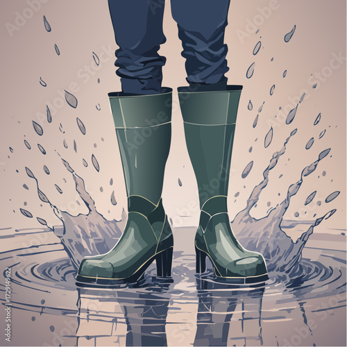 gigantic rain boots splashing puddles child mid-splash wearing enormous electric teal glossy boots exaggerated puddles motion sketch for children's book stickers and playful branding