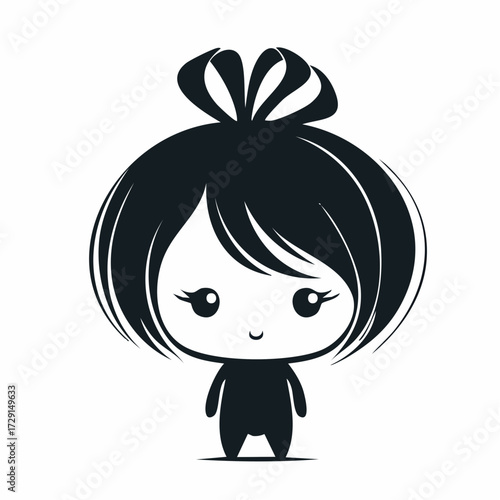 huge bow crowned on messy scribble hair chibi with wild scribble hair topped by a massive fuchsia decorative bow minimalist expressive face for stickers hair accessories and branding