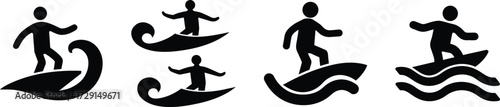 Surfer silhouette riding waves dynamic action sports figures set vector