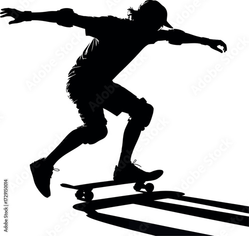 Black silhouette of skateboarder in motion white