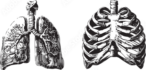 two vector engravings of lungs and rib cage, on a white background, in black ink