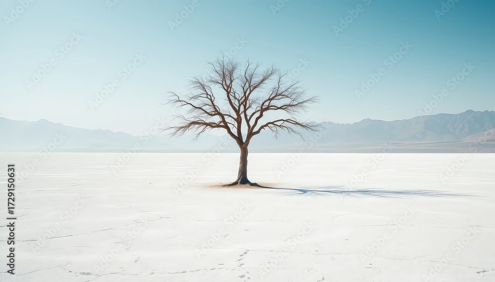 Fototapeta premium Solitary Deciduous Tree Stands on a Vast White Expanse, Mountain Range Visible in the Distance Under a Clear Blue Sky