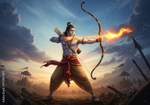 Lord Rama aiming a powerful, glowing arrow over a vast, stormy landscape with dramatic lighting.