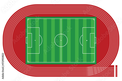 Vector art of top view of a soccer field with a running track around it