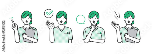 イラスト素材【介護イメージ】：様々なポーズをとる看護師の女性・シンプルタッチ
