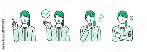 イラスト素材【介護イメージ】：様々な表情やポーズをとる若い女性・シンプルタッチ