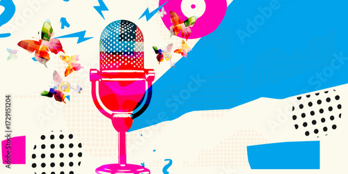 Retro microphone on red and yellow background. Podcasting and creativity in music concept