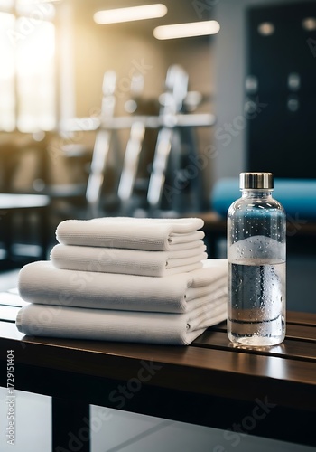 Fresh start fitness focus: Clean towels and hydrating water at the gym for a revitalizing workout experience