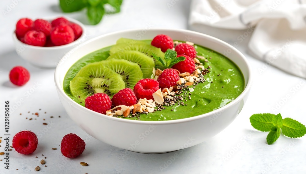 Fototapeta premium Green Smoothie Bowl with Kiwi, Raspberries, and Seeds.