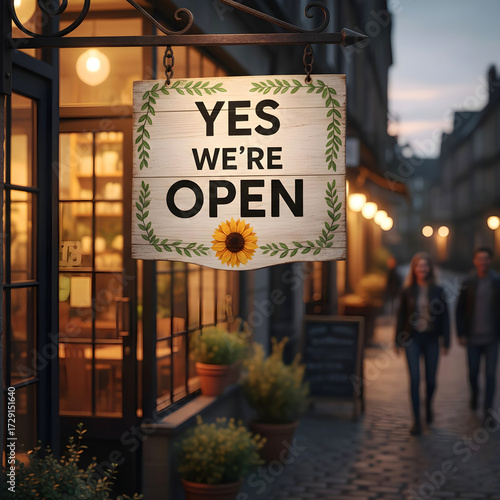 Wallpaper Mural Rustic Wooden 'YES WE'RE OPEN' Sign with Sunflower and Greenery Hanging on a Cozy Small Business Storefront at Dusk, Welcoming Customers to the Local Shop Torontodigital.ca