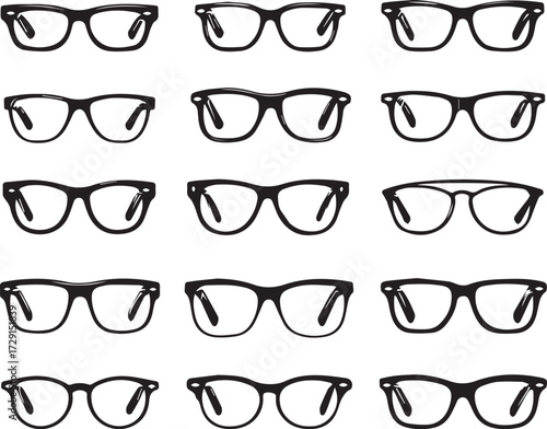 vector illustration of multiple different eyeglass frames, flat design in black and white, simple shapes, on a white background