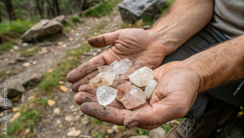 Hands stained with soil holding raw crystals outdoors, symbolizing mineral discovery, raw gemstone beauty, and earthly connection.”