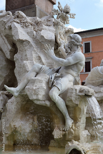 The Fountain of the Four Rivers, located in Piazza Navona, Rome, was designed by Gian Lorenzo Bernini in 1651.