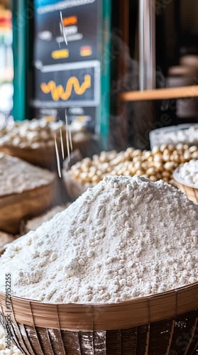 Flour Powder Ingredient Market. Hand Pouring Natural Fresh Organic Texture White Soft Traditional Healthy Nutrition Grain