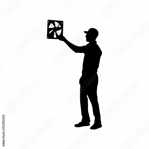 Caretaker silhouette switching on ventilation fans isolated on white background