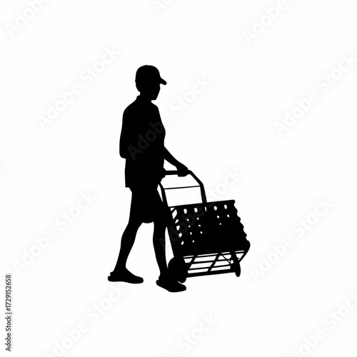 Silhouette of a caretaker transporting eggs with a trolley isolated on white background