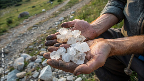 Dusty rough hands offering raw crystals under sunlight, natural gemstone discovery outdoors, symbol of earth and healing energy.”