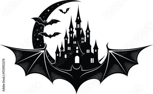 Gothic haunted castle silhouette vector illustration with crescent moon, flying bats, spooky fortress design, halloween night scene, dark horror fantasy artwork
