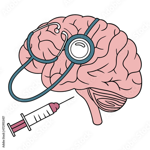 Medical Illustration of Brain Surgery with Brain Stethoscope and Syringe