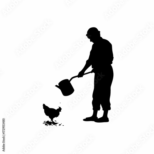 Silhouette of poultry caretaker scattering feed for chickens isolated on white background