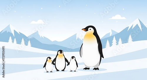 Penguin Family in Snowy Landscape.