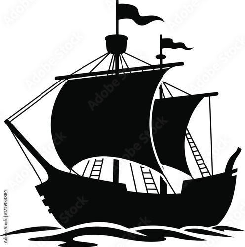 Black silhouette sailing ship on waves boat vessel