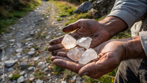 Hands with dirt grasping raw uncut crystals outdoors, symbolizing earthy lifestyle, crystal energy, and geology-inspired beauty.”