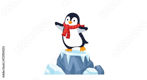 Penguin on Iceberg with Red Scarf - A Winter Cartoon Illustration.