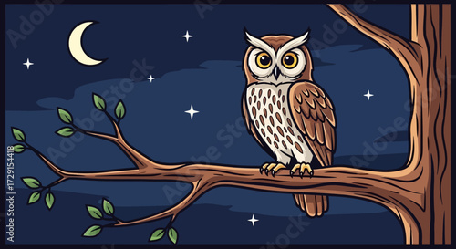 Cartoon Owl Perched on Branch, Observing the Night Sky