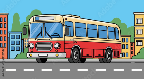 Cartoon Style Red and Cream Bus with Black Outline on Road