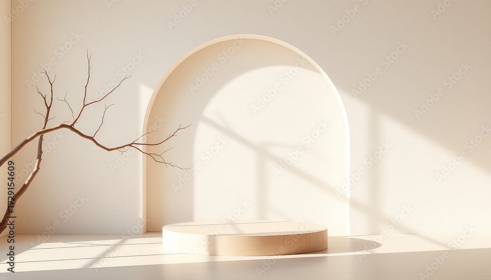 Fototapeta premium Minimalist exhibit space with a geometric arch and light wood platform, showcasing subtle shadows and an organic branch