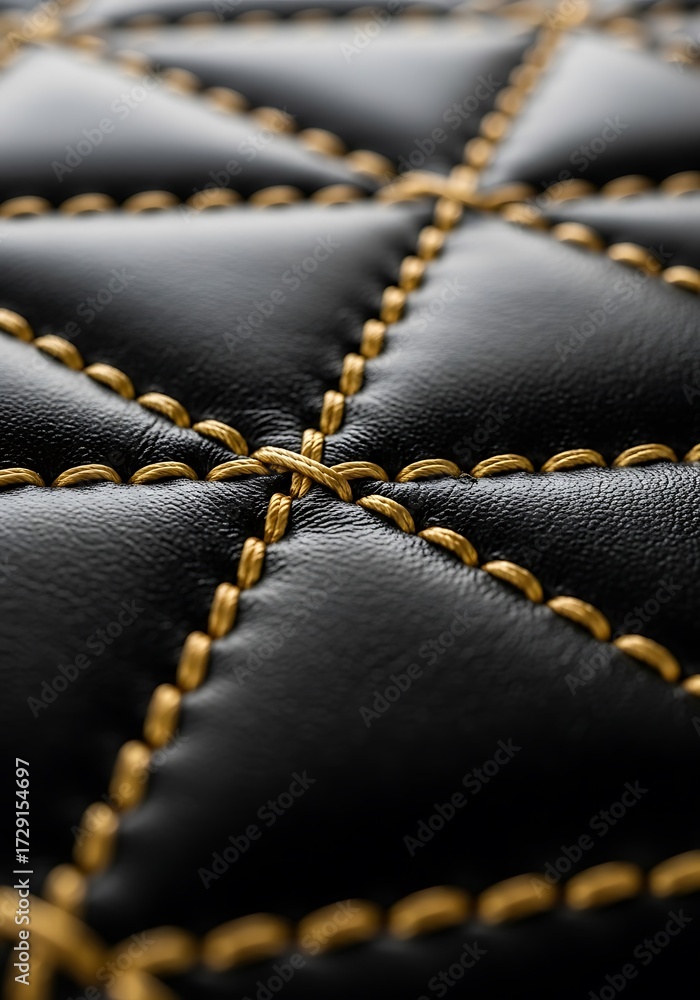 Naklejka premium Exquisite close-up showing black leather with golden diamond stitching