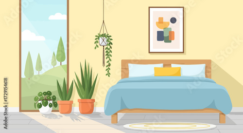 Cozy Bedroom Illustration: Light Blue Bedding with Wooden Frame