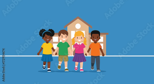 Diverse Group of Children Holding Hands, Smiling, and Walking Together