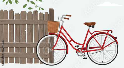 Red Bicycle with Basket, Brown Seat, and White Tires Illustration