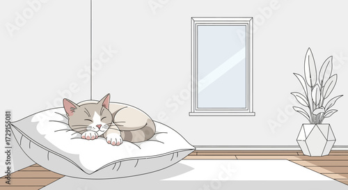 Sleeping Cat on White Pillow with Beige and Gray Fur