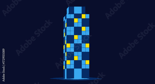 Stylized Blue Building with Yellow Windows on Dark Background