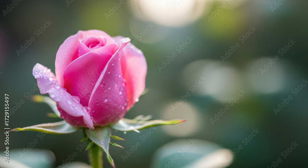 Obraz premium Close Up of a Delicate Pink Rose Bud with Water Droplets Adorning its Petals, Set Against a Softly Blurred Green Background, Evoking Freshness and Beauty