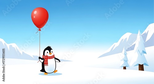 Penguin with Red Balloon in Snowy Landscape.