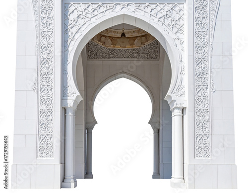 Elegant white archway in mosque style isolated on transparent background