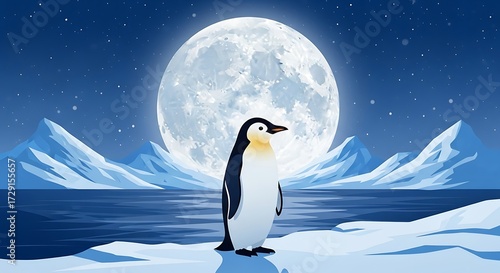 Penguin under the Moonlight - A Serene Antarctic Scene.