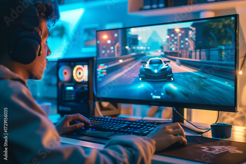 Young gamer playing video game at home
Man using computer for online gaming
