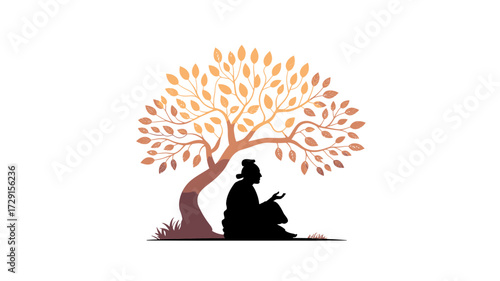 Serene meditation under a vibrant tree, seeking inner peace and spiritual enlightenment for a moment of calm reflection.