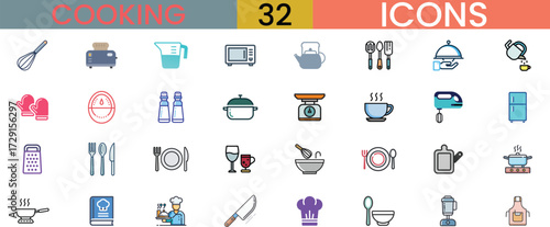 Collection of 32 cooking and food related icons in a grid format for culinary services vector